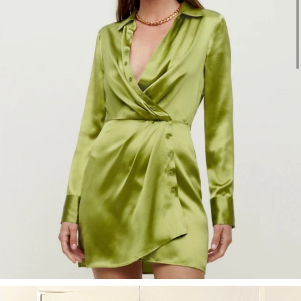 NWT Reformation Silk Avocado Green Long Sleeve Short Mini Dress Alaine 4
